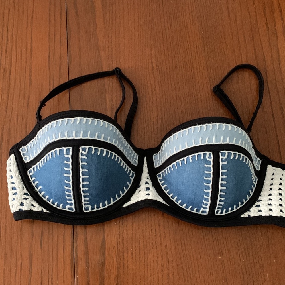 Brigitte balconette Moonfance bikini and bottoms. Crochet and jean detail